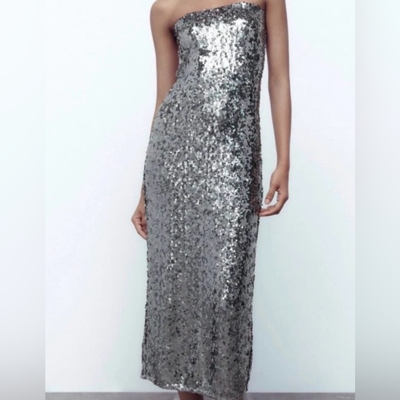 Zara Silver Sequin Strapless Long Dress with Slit - Picture 2 of 7